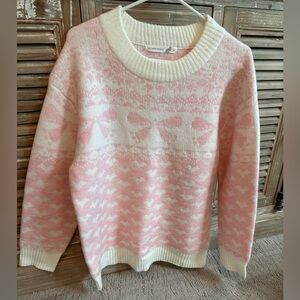 Altar'd State Soft Pink Bow & Heart Patterned Sweater (Size Small)